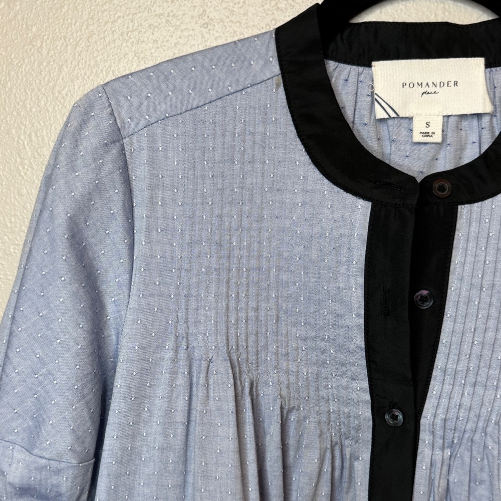 Pomander Place Blue Annalee Dress w Black Trim Babydoll Pleated Yoke Collar Puff - Picture 5 of 15